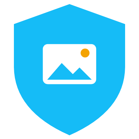 Blue shield with a white photo icon inside