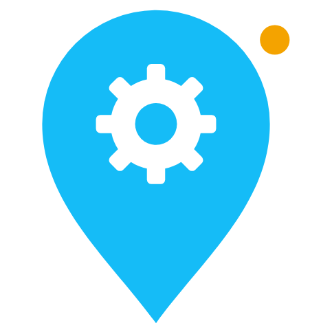 Blue map pin with a white settings gear