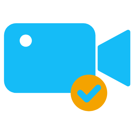 Blue video camera with an amber tick badge