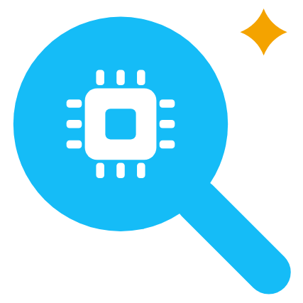 Blue search magnifier with a white microchip inside