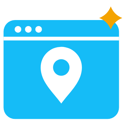Blue browser window with a white map pin and an amber spark