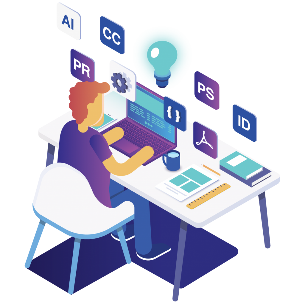 Graphic designer at a desk surrounded by design software icons