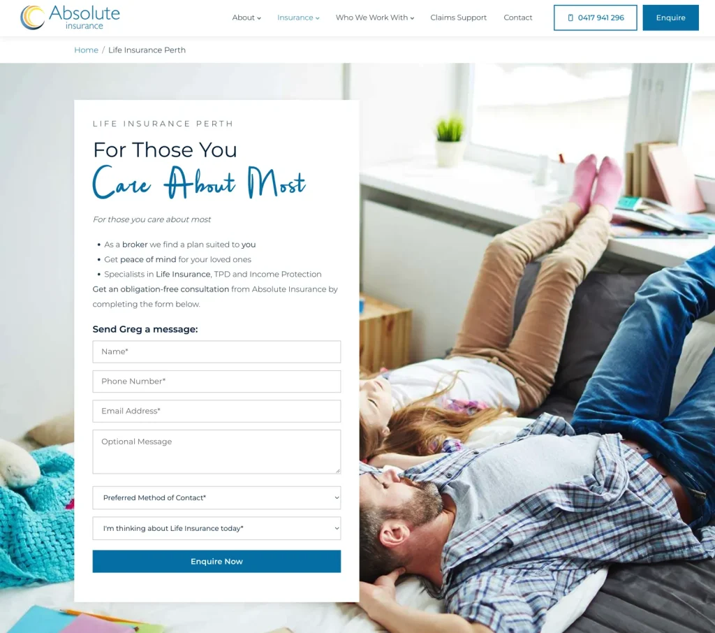 Absolute Insurance life insurance page designed by Halo Digital