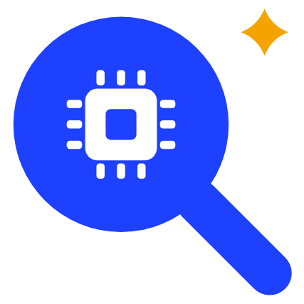 Blue search magnifier with a white microchip inside