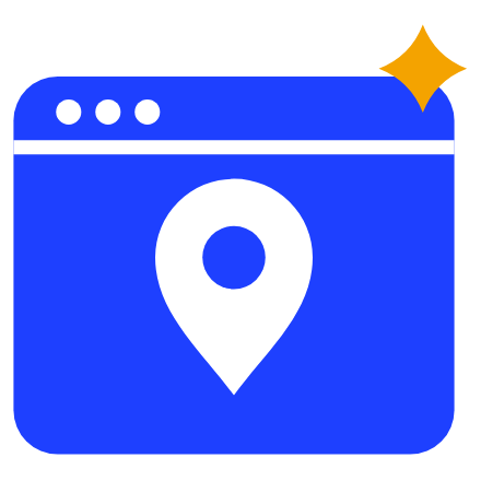 Blue browser window with a white map pin and an amber spark