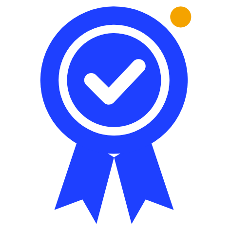 Blue award rosette with a white tick