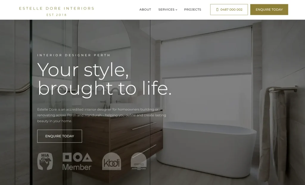 Estelle Dore Interiors website home page designed by Halo Digital