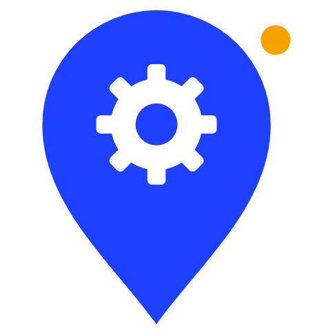 Blue map pin with a white settings gear