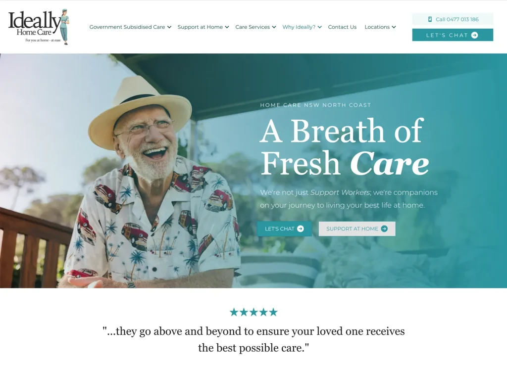 Ideally Home Care website home page designed by Halo Digital