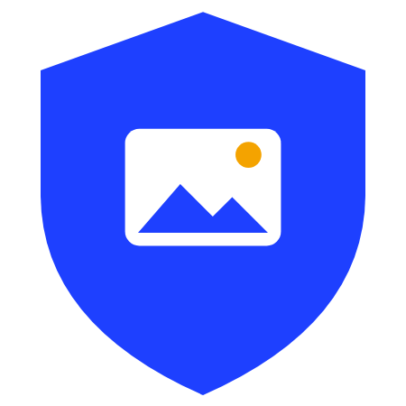 Blue shield with a white photo icon inside