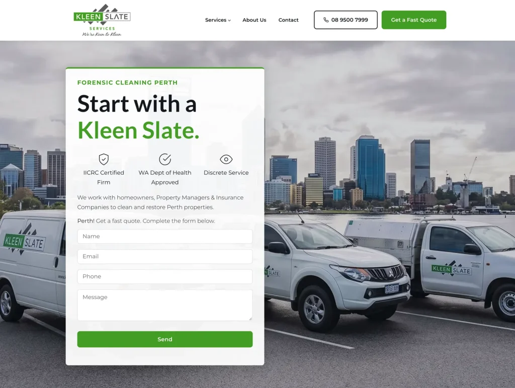 Kleen Slate Services website home page designed by Halo Digital