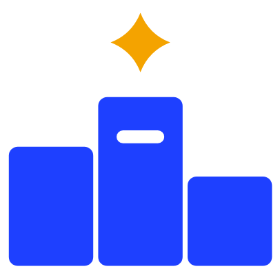 Blue three step winners podium with an amber spark above