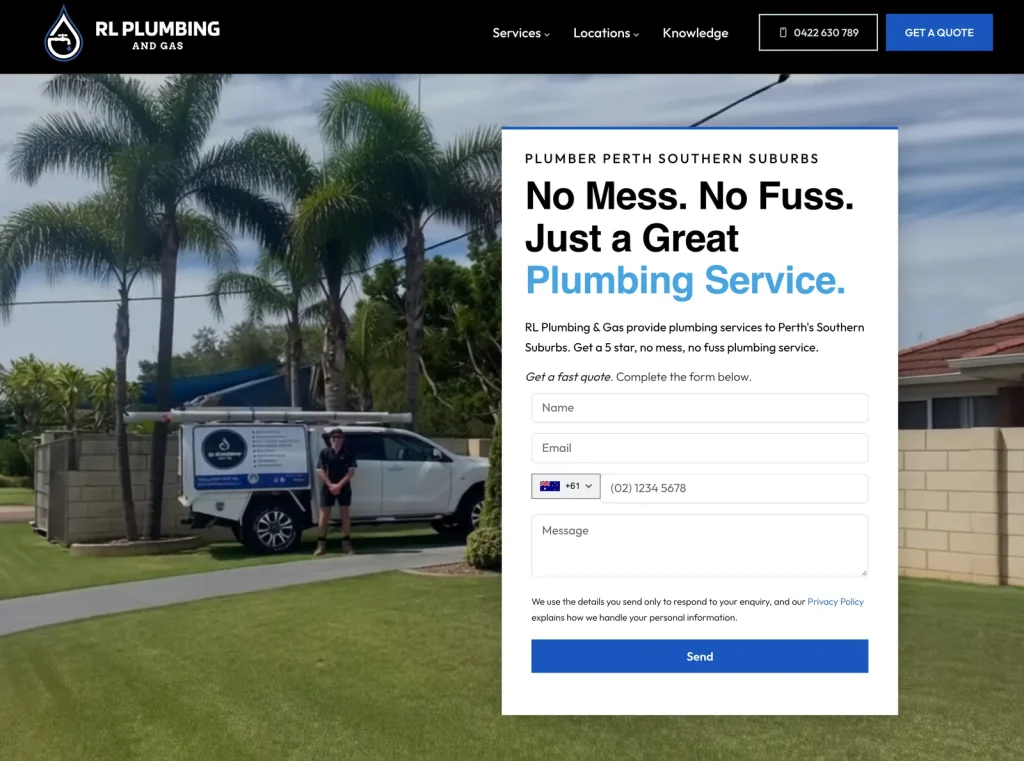 RL Plumbing and Gas website home page designed by Halo Digital