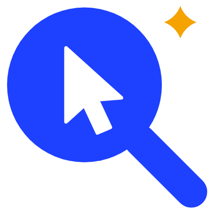 Blue search magnifier with a click cursor inside