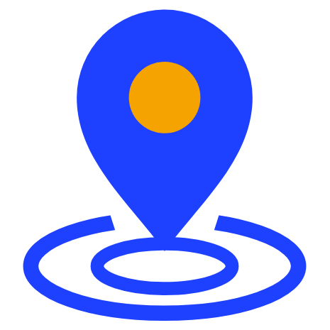 Blue map pin over a ring showing a service area