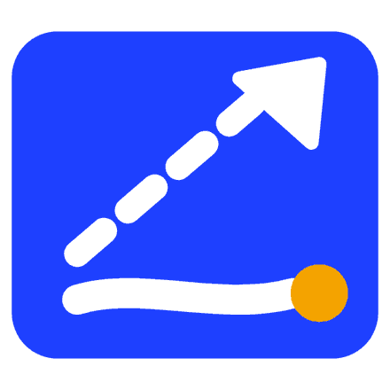 Blue chart card with a dashed line rising above a flat line ending in an amber dot