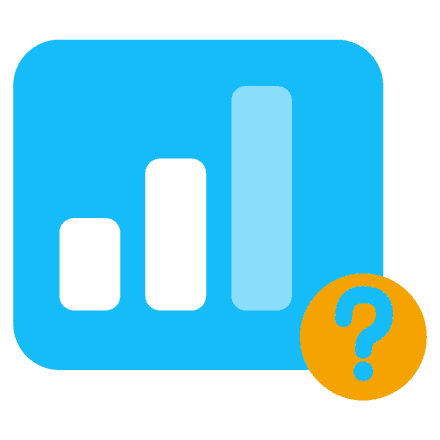 Blue chart card with two white bars, a taller pale bar and an amber question mark badge