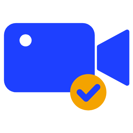 Blue video camera with an amber tick badge